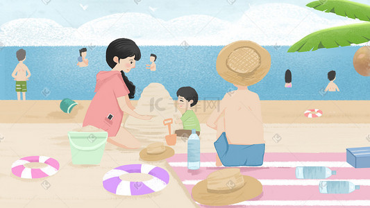 假期游玩插画图片_长假海边游玩小清新手绘
