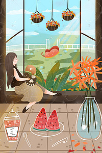 夏天卡通西瓜插画图片_夏天卡通创意立夏女孩坐在窗边看风景配图