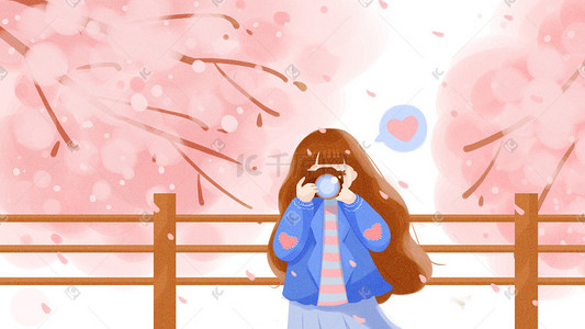樱花树下 拍照的元气少女 小清新插画风