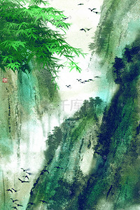 竹叶线条插画图片_中国风水墨古风玩转夏至竹叶山水背景风景