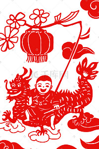 红色剪纸图插画图片_中国风红色剪纸小孩提灯笼骑龙腾飞图
