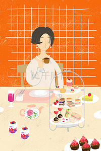 咖啡甜点插画图片_女子吃货美食下午茶场景