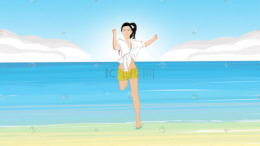 少女海边奔跑卡通