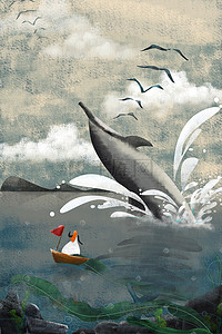 飞跃的人插画图片_海洋之歌插画——海豚飞跃海面