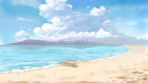 暖色系漫画风背景白云海滩配图