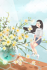植物花瓶插画图片_夏天雏菊窗户女孩