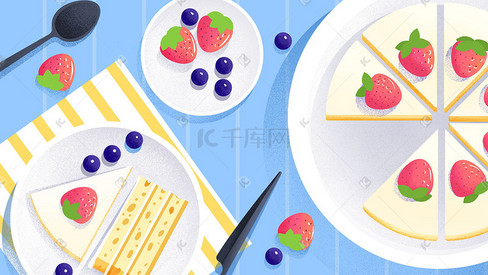 美食插画草莓蛋糕banner背景