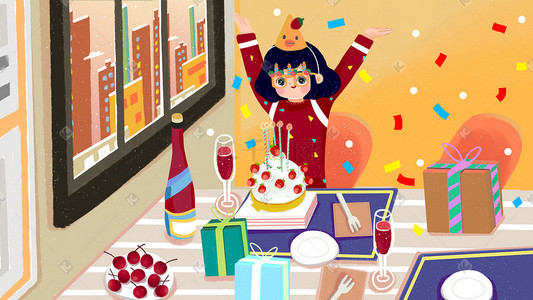 红色蛋糕插画图片_过生日的女孩插画海报