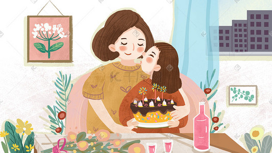 快乐的事插画图片_庆祝母亲节快乐温馨画面小清新