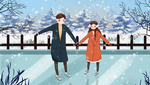 手绘小清新冬季牵手滑冰的情侣插画