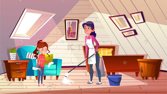 室内生活插画图片_卡通打扫卫生大扫除家庭生活插画