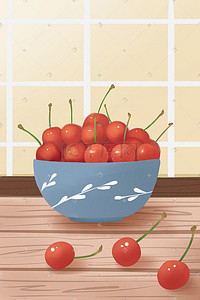 碗盘子手绘插画图片_水果樱桃手绘风格