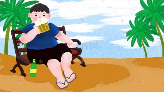 椰树插画图片_夏日椰树旁喝啤酒的男人