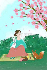 兔子和狐狸插画图片_樱花烂漫野餐的少女