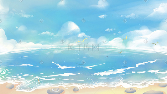 唯美开阔海边沙滩海水海洋蓝色风景插画