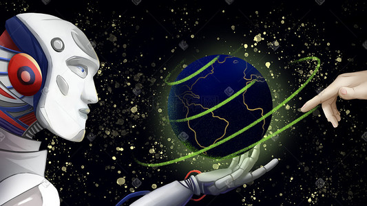 科技地球插画图片_人与AI智能对话科技