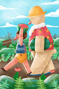 卡通动物可爱熊插画图片_夏天卡通可爱立夏男孩与熊吃西瓜配图