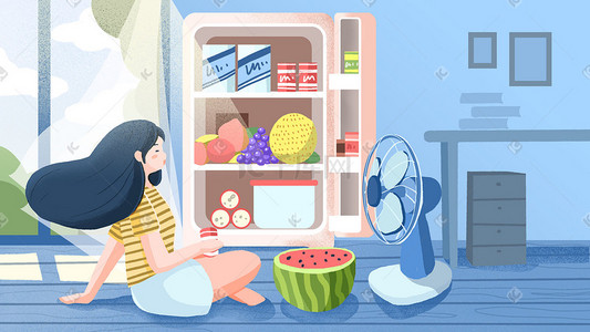 冰箱里的水果插画图片_盛夏小暑插画冰箱和电扇banner