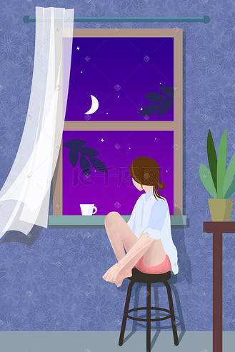 卡通望窗外图片素材_坐在窗前望着窗外的女孩