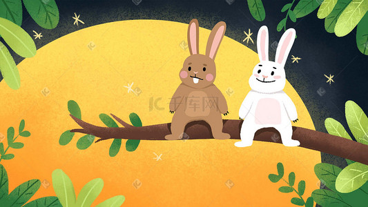 小清新中秋节兔子与月亮插画中秋