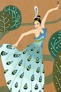 民族舞展板插画图片_中国民族特色傣族孔雀舞蓝裙