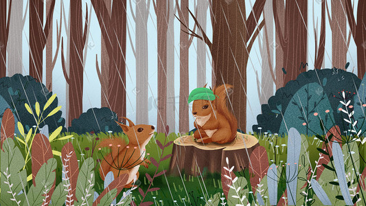 写实插画图片_春天森林植物花卉绿色系雨水松鼠写实风清新