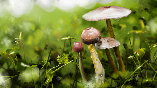 手绘绿叶植物插画图片_春天春季大自然蘑菇手绘插画