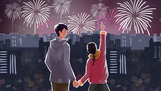 新年的插画图片_手绘2019元旦跨年看烟花的情侣插画