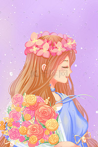 粉色花卉花朵插画图片_春天粉色唯美卡通清新恬静文雅长发少女与花配图