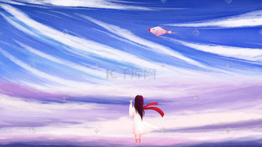 天空彩云插画图片_天空唯美风景放风筝的少女