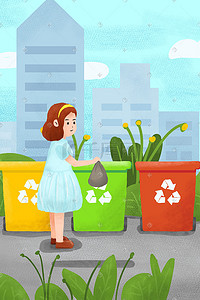 城市垃圾插画图片_环保 垃圾分类 绿色 植物 女孩 城市