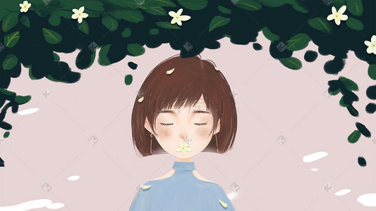 简约卡通花瓣插画图片_春天花少女闭眼文艺小清新简约