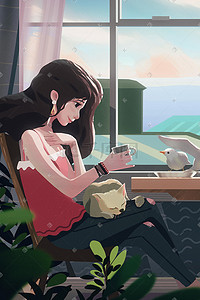出差上午插画图片_坐在窗边的女生和她的猫