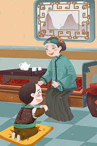 初中语文插画图片_语文课本风格清代感恩母亲手绘插画