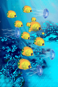 珊瑚海洋插画图片_海洋群鱼唯美插画