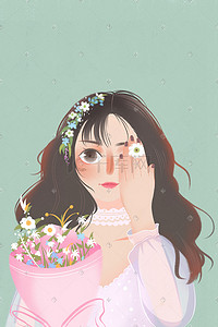 手捧花手插画图片_穿纱裙的甜美少女抱着手捧花