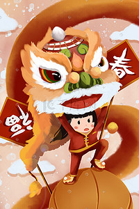 福满迎春插画图片_新年迎春-舞狮春福