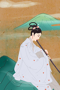中国传统文化风格插画图片_国潮中国风服饰之汉服古装女子坐山吹笛