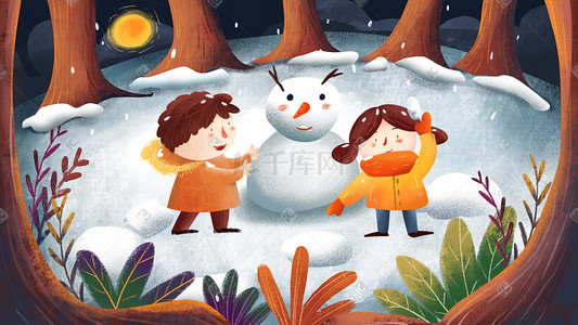 小雪人插画图片_小清新大雪冬天打雪仗插画