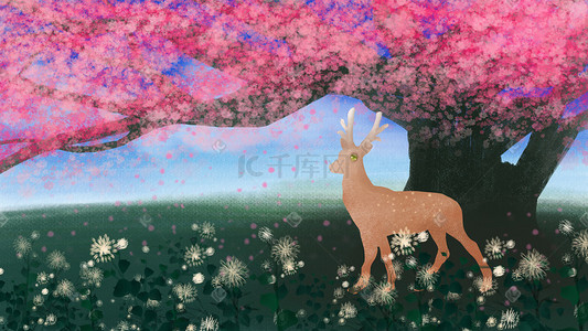 春天花卉手绘插画图片_手绘春天樱花树下的小鹿