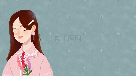 棕色插画图片_蓝色系手绘质感棕色长发文艺少女配图