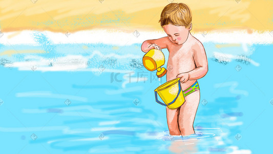 儿童沙滩海洋插画图片_板绘蓝色夏日沙滩清新插画