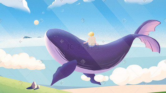 治愈系动物手绘插画图片_治愈系插画骑鲸看海
