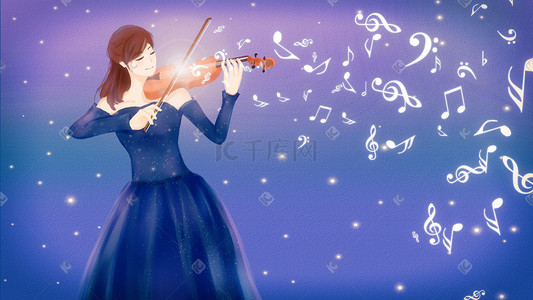 抖音抖音符号插画图片_夜空中拉小提琴的女孩