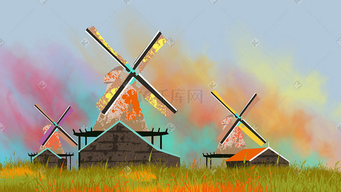 荷兰风车创意插画