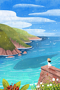 条插画图片_女孩夏日海边山崖看见一条鲸鱼