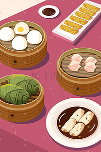 红色花纹纹理边框插画图片_中华美食广式早茶红色海报背景