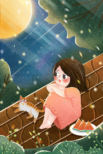 小清新夏夜女孩屋顶女孩仰望星空