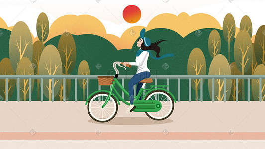 绿色环保展架背景插画图片_绿色环保低碳出行骑单车的女孩插画