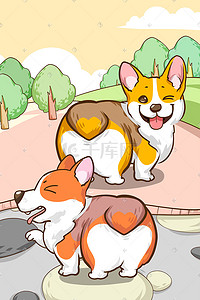 人和宠物狗插画图片_可爱柯基宠物狗手绘插画